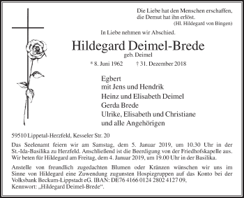 Traueranzeige von Hildegard Deimel-Brede von Die Glocke