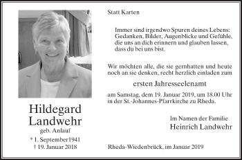 Traueranzeige von Hildegard Landwehr von Die Glocke