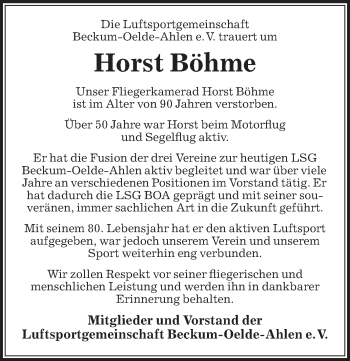 Traueranzeige von Horst Böhme von Die Glocke