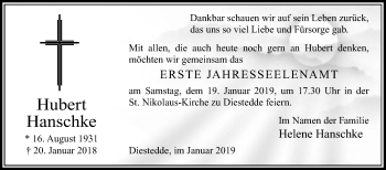 Traueranzeige von Hubert Hanschke von Die Glocke
