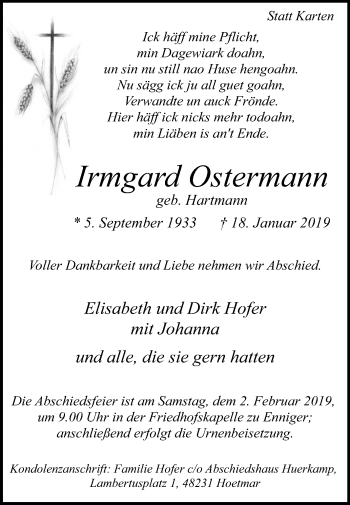 Traueranzeige von Irmgard Ostermann von Die Glocke
