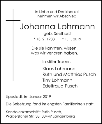 Traueranzeige von Johanna Lohmann von Die Glocke