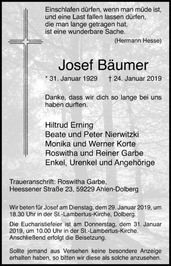 Traueranzeige von Josef Bäumer von Die Glocke