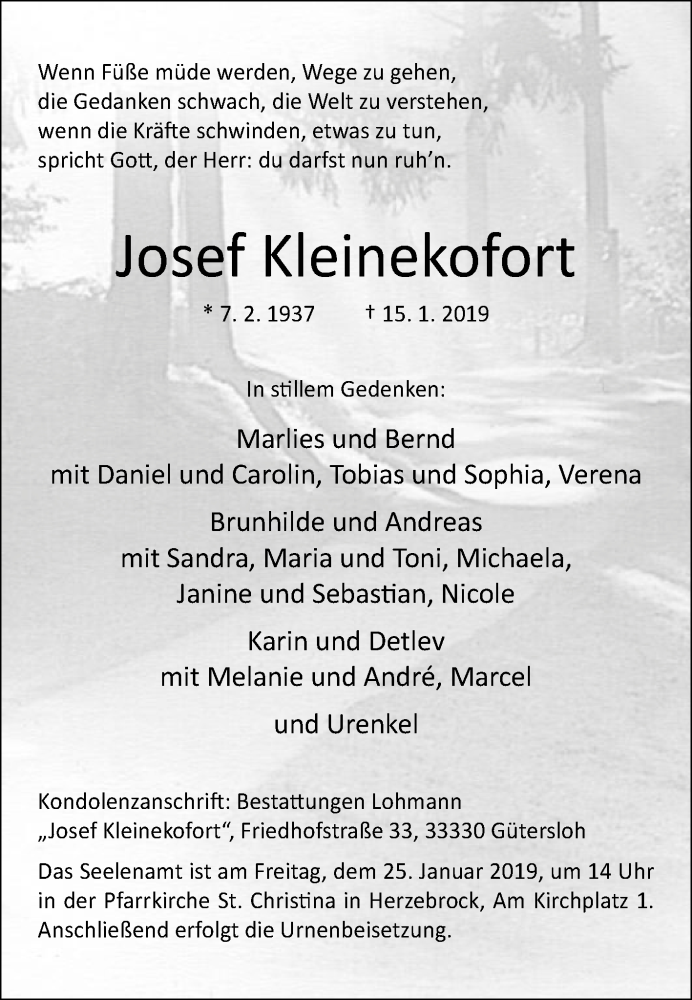  Traueranzeige für Josef Kleinekofort vom 19.01.2019 aus Die Glocke