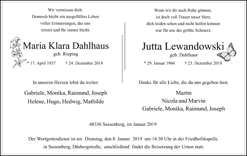  Traueranzeige für Jutta Lewandowski vom 02.01.2019 aus Die Glocke