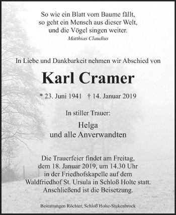 Traueranzeige von Karl Cramer von Die Glocke