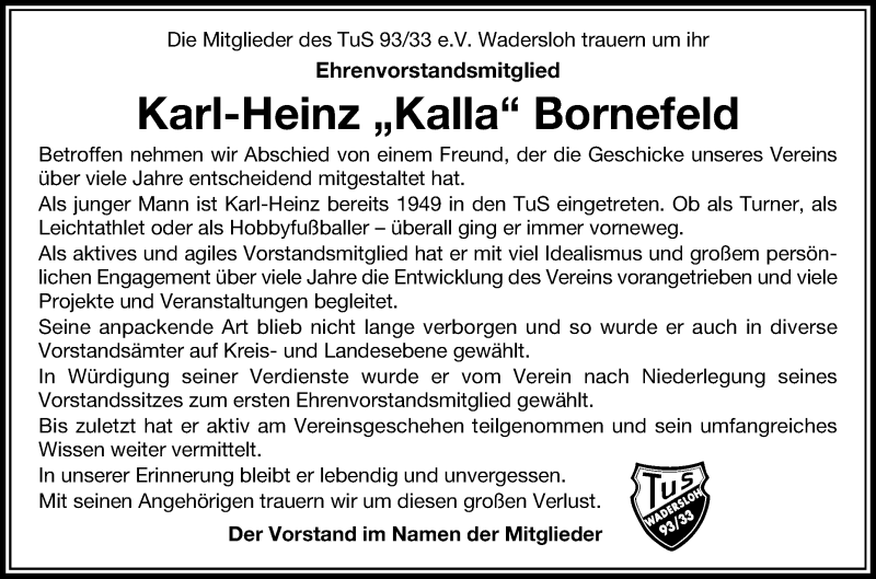  Traueranzeige für Karl-Heinz Bornefeld vom 26.01.2019 aus Die Glocke