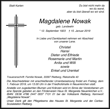 Traueranzeige von Magdalene Nowak von Die Glocke