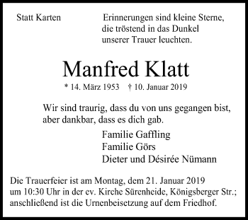 Traueranzeige von Manfred Klatt von Die Glocke