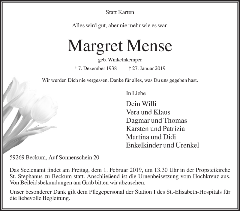  Traueranzeige für Margret Mense vom 30.01.2019 aus Die Glocke