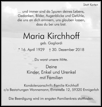 Traueranzeige von Maria Kirchhoff von Die Glocke