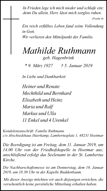 Traueranzeige von Mathilde Ruthmann von Die Glocke