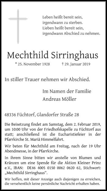 Traueranzeige von Mechthild Sirringhaus von Die Glocke