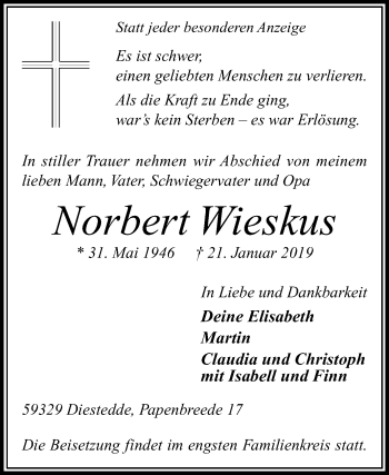 Traueranzeige von Norbert Wieskus von Die Glocke