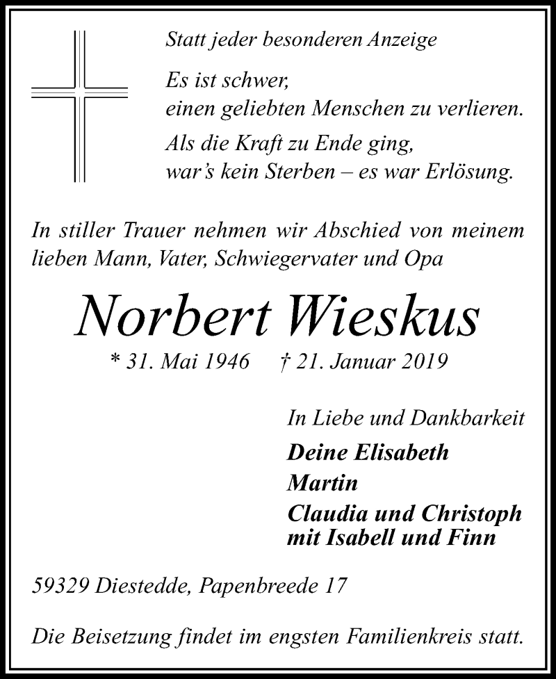  Traueranzeige für Norbert Wieskus vom 26.01.2019 aus Die Glocke