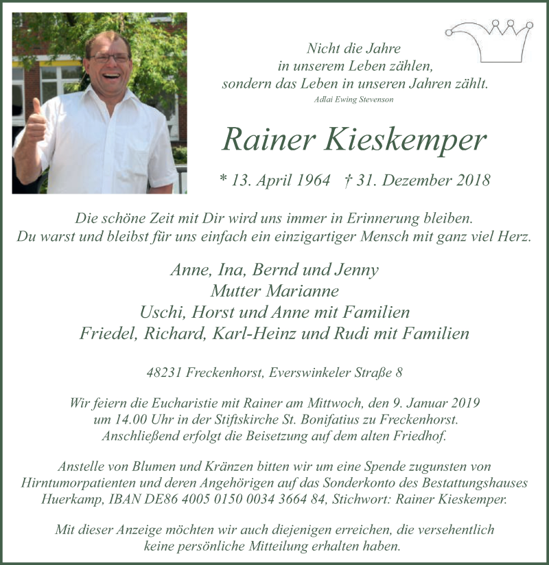  Traueranzeige für Rainer Kieskemper vom 05.01.2019 aus Die Glocke