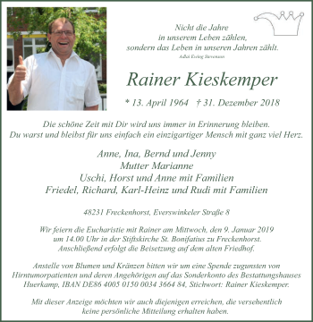 Traueranzeige von Rainer Kieskemper von Die Glocke