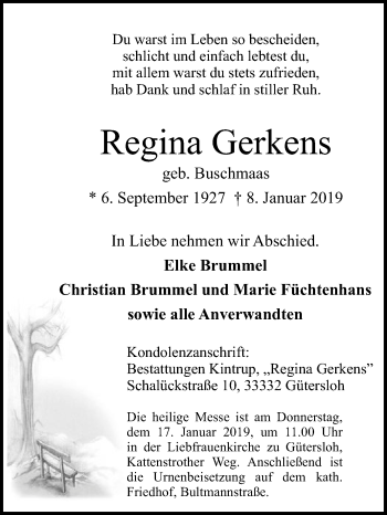 Traueranzeige von Regina Gerkens von Die Glocke
