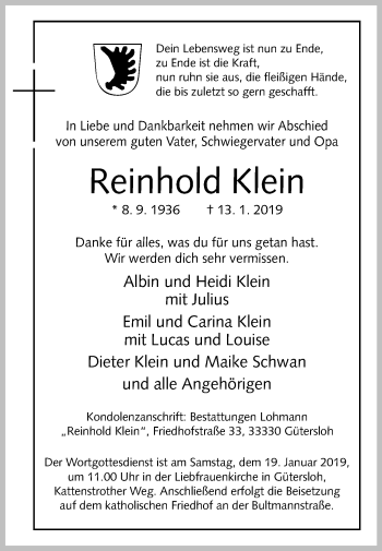 Traueranzeige von Reinhold Klein von Die Glocke