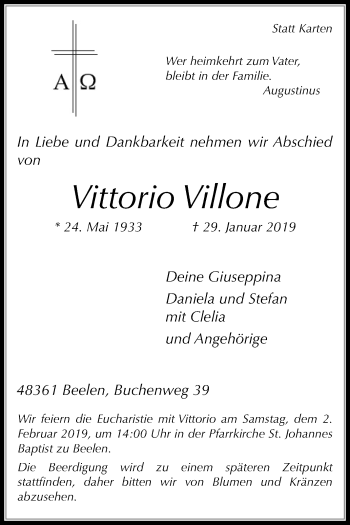 Traueranzeige von Vittorio Villone von Die Glocke