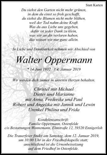 Traueranzeige von Walter Oppermann von Die Glocke