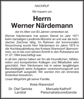 Traueranzeige von Werner Närdemann von Die Glocke