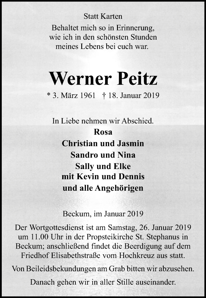  Traueranzeige für Werner Peitz vom 23.01.2019 aus Die Glocke