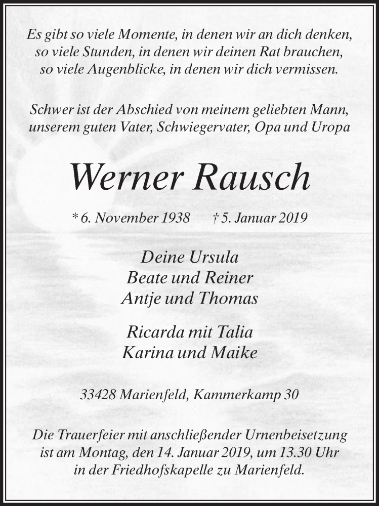  Traueranzeige für Werner Rausch vom 09.01.2019 aus Die Glocke