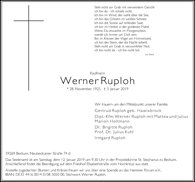  Traueranzeige für Werner Ruploh vom 09.01.2019 aus Die Glocke