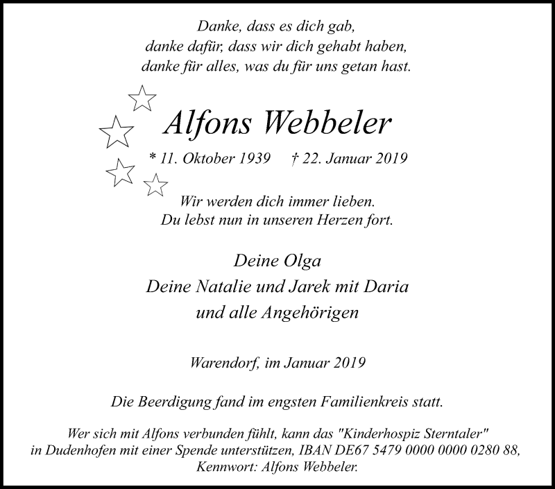  Traueranzeige für Alfons Webbeler vom 29.01.2019 aus DIE GLOCKE