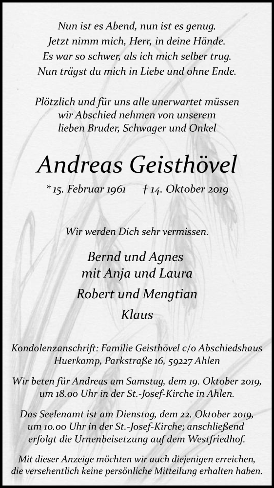  Traueranzeige für Andreas Geisthövel vom 17.10.2019 aus Die Glocke