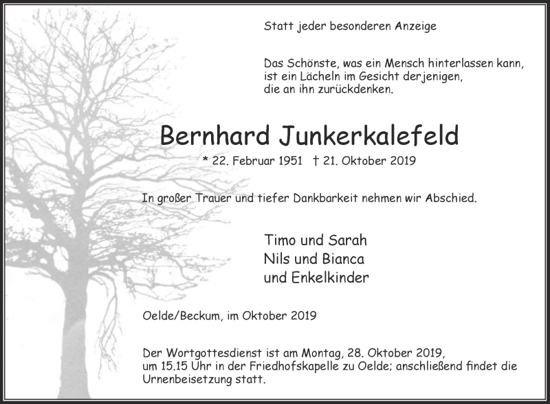  Traueranzeige für Bernhard Junkerkalefeld vom 23.10.2019 aus Die Glocke