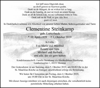 Traueranzeige von Clementine Steinkamp von Die Glocke