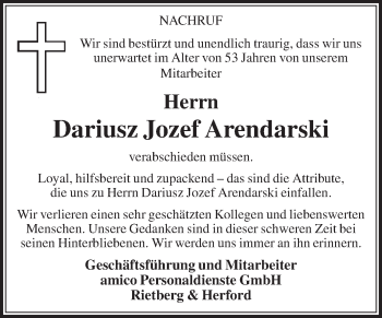 Traueranzeige von Dariusz Jozef Arendarski von Glocke Trauer