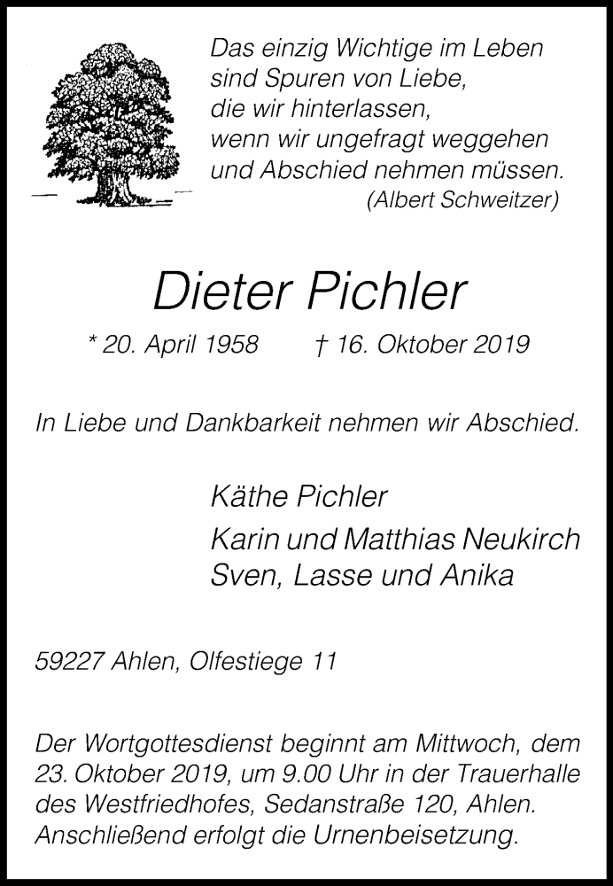  Traueranzeige für Dieter Pichler vom 19.10.2019 aus Glocke Trauer