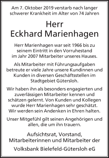 Traueranzeige von Eckhard Marienhagen von Die Glocke