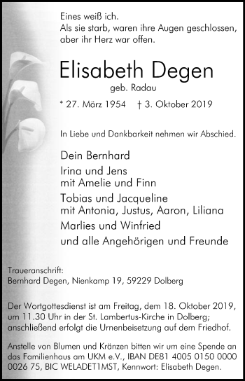 Traueranzeige von Elisabeth Degen von Die Glocke