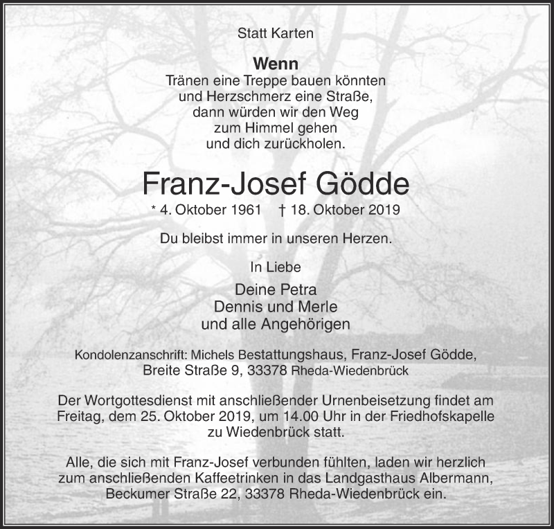  Traueranzeige für Franz-Josef Gödde vom 22.10.2019 aus Die Glocke