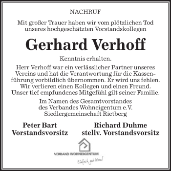 Traueranzeige von Gerhard Verhoff von Die Glocke