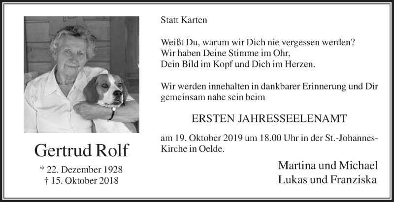  Traueranzeige für Gertrud Rolf vom 12.10.2019 aus Die Glocke