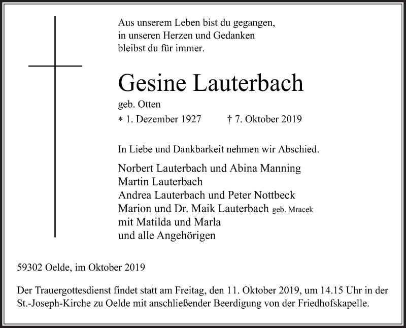  Traueranzeige für Gesine Lauterbach vom 09.10.2019 aus Die Glocke