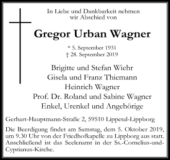 Traueranzeige von Gregor Urban Wagner von Die Glocke
