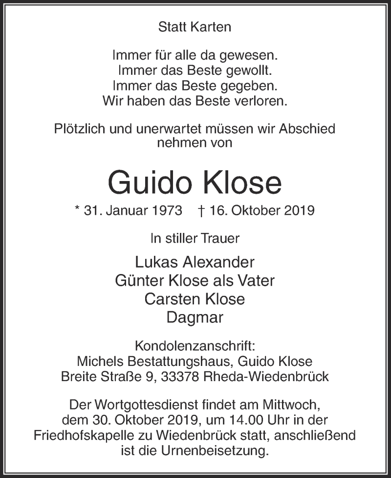  Traueranzeige für Guido Klose vom 26.10.2019 aus Die Glocke