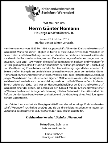 Traueranzeige von Günter Homann von Die Glocke