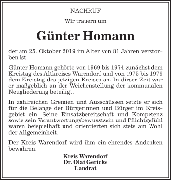 Traueranzeige von Günter Homann von Die Glocke