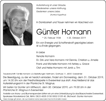 Traueranzeige von Günter Homann von Die Glocke