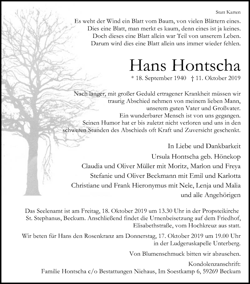  Traueranzeige für Hans Hontscha vom 16.10.2019 aus Die Glocke