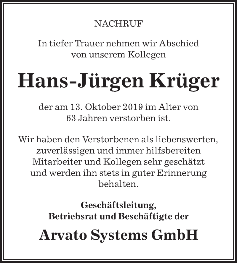  Traueranzeige für Hans-Jürgen Krüger vom 19.10.2019 aus Glocke Trauer