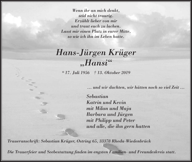  Traueranzeige für Hans-Jürgen Krüger vom 16.10.2019 aus Die Glocke