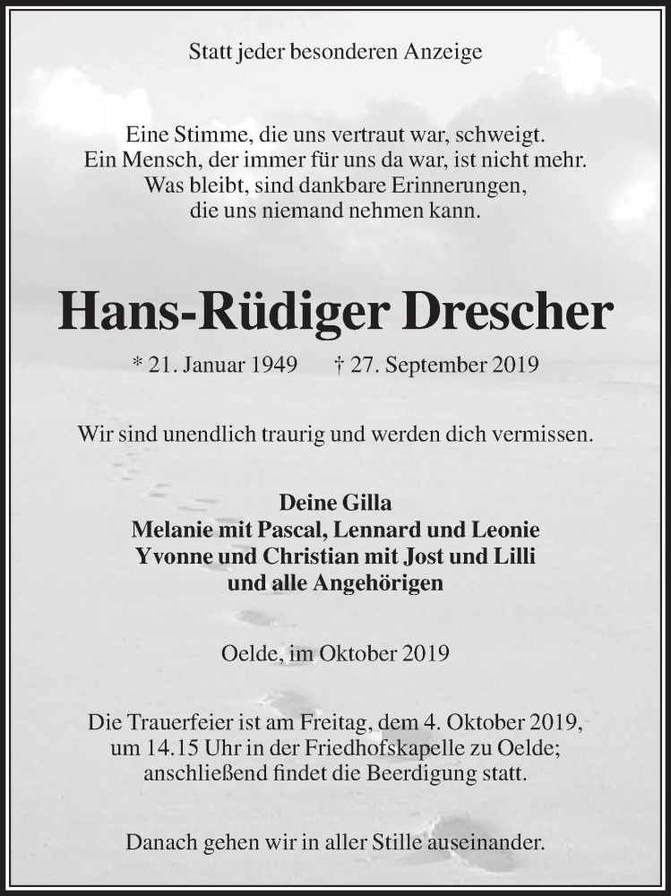  Traueranzeige für Hans-Rüdiger Drescher vom 01.10.2019 aus Die Glocke